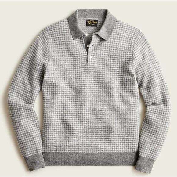 J.Crew 100% Cashmere Sweater M Houndstooth Jaquard Polo Henley Knit Grey $158 - Picture 1 of 10